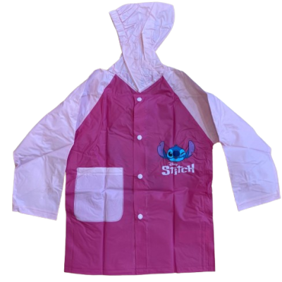 Casaco infantil impermeável rosa com capuz, bolso e estampa de Stitch