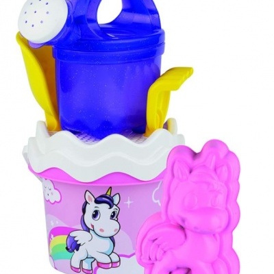 Conjunto de praia infantil com balde rosa e acessórios coloridos e molde unicórnio