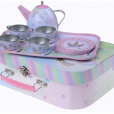 Conjunto de chá infantil metálico com padrão colorido em mala decorada
