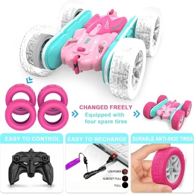 Carro de controlo remoto rosa e azul com quatro pneus sobresselentes cor de rosa