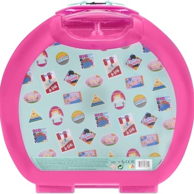 mala redonda cor-de-rosa com tampa decorada com pequenas imagens coloridas