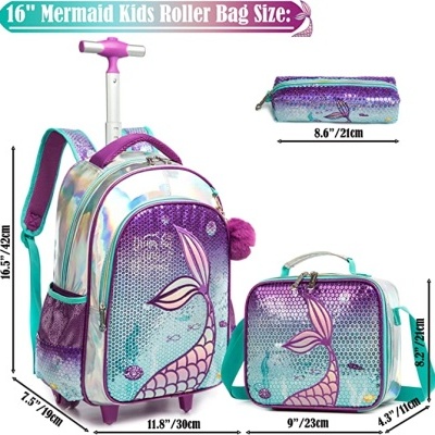 Conjunto de bagagem infantil com padrão de sereia lilás e azul