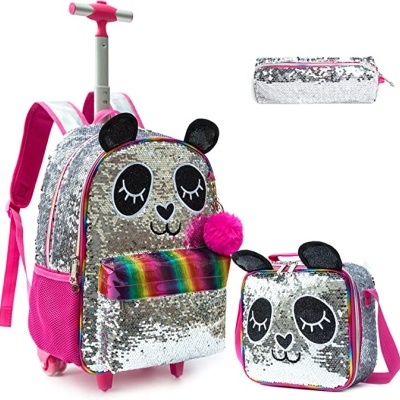 Conjunto escolar panda prateado com rosa e arco-íris