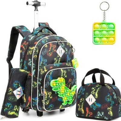 Conjunto escolar com mochila de rodinhas, estojo, bolsa com padrão de dinossauros e chaveiro pop-it
