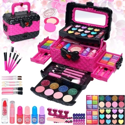 Kit de maquilhagem infantil rosa e preto com sombras, pincéis, vernizes e acessórios para unhas