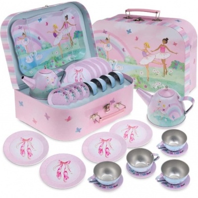 Conjunto de chá infantil cor-de-rosa com decoração de bailarinas e acessórios em metal