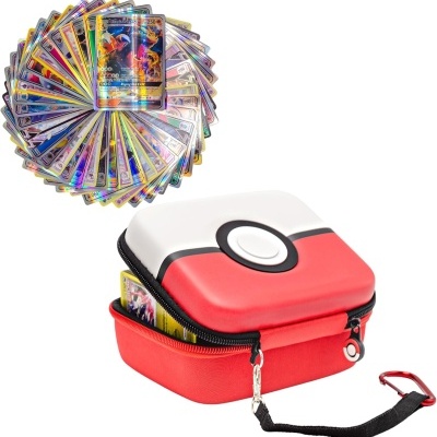 Cartas colecionáveis holográficas dispostas em círculo e caixa vermelha e branca em forma de Pokébola com fecho e alça