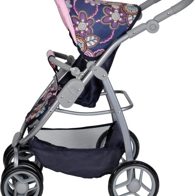 Carrinho de bebé azul com padrão floral em estrutura cinzenta