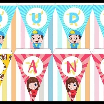 Bandeirolas coloridas para festa com letras e crianças, número 5