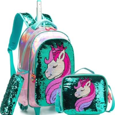 Conjunto mochila e estojo com unicórnio em lantejoulas reversíveis turquesa e rosa