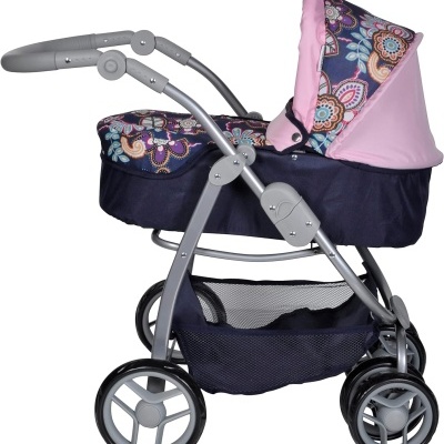 Carrinho de bebé azul escuro e rosa com padrão colorido e estrutura metálica prateada