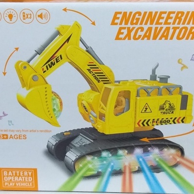 Brinquedo escavadora amarela com luzes em embalagem branca