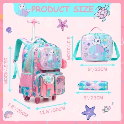 Conjunto escolar infantil com mochila, estojo e lancheira com tema de sereia e conchas