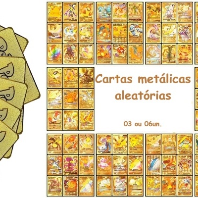 Cartas metálicas aleatórias de Pokémon em dourado e prateado com texto informativo no centro