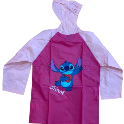 Casaco impermeável infantil rosa com capuz e estampado do Stitch azul
