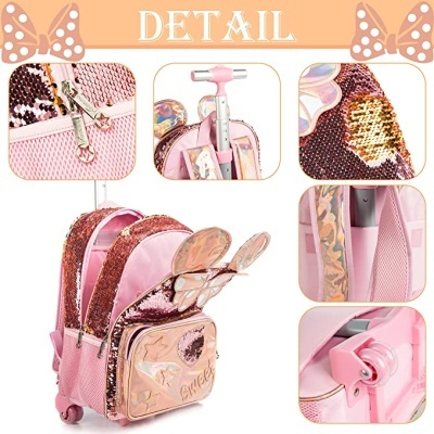 Mochila de rodinhas rosa com lantejoulas e desenhos de borboletas