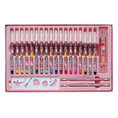 Conjunto artístico com várias canetas coloridas, régua, pincéis e moldura em estojo rosa.