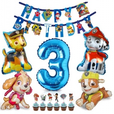 Decoração de festa infantil com balões da Patrulha Pata e número 3 azul