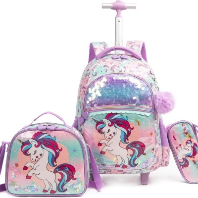 Mochila de rodinhas, lancheira e estojo com unicórnios coloridos e lantejoulas
