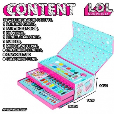 Conjunto de pintura LOL Surprise com aguarelas, pincel, lápis e acessórios coloridos numa caixa rosa e azul