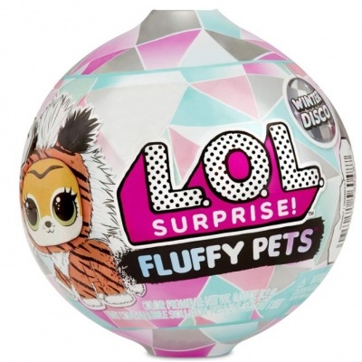 Embalagem esférica de brinquedo LOL Surprise Fluffy Pets com padrões coloridos e ilustração de animal