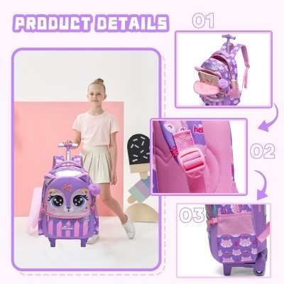 Mochila com carrinho infantil cor-de-rosa e lilás com rosto de animal e rodinhas.