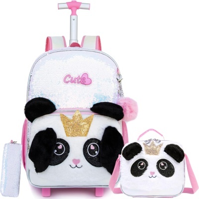 Mochila com rodas e mochila pequena com padrão de panda e texto Cute