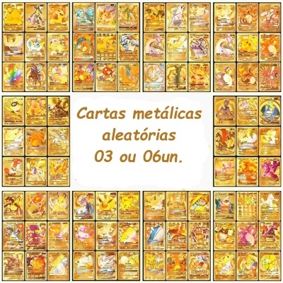 Cartas metálicas de Pokémon dispostas em colunas com texto explicativo no centro