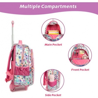 Mochila para crianças com rodas e múltiplos compartimentos