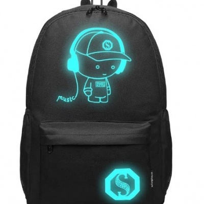 Mochila de rodas preta com desenho luminoso-turquesa e punho telescópico