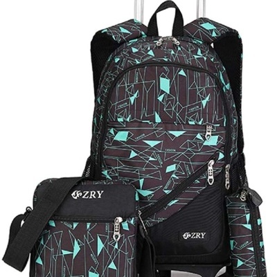 Conjunto mochila com rodinhas, bolsa transversal e estojo com padrão geométrico preto, azul e verde água