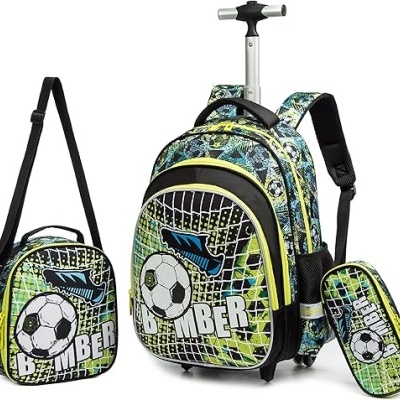 Conjunto mochila escolar com rodinhas, lancheira e estojo com padrão futebol em verde e amarelo