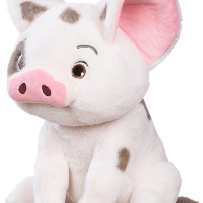 Peluche de porco branco e castanho com orelhas cor-de-rosa e focinho rosa
