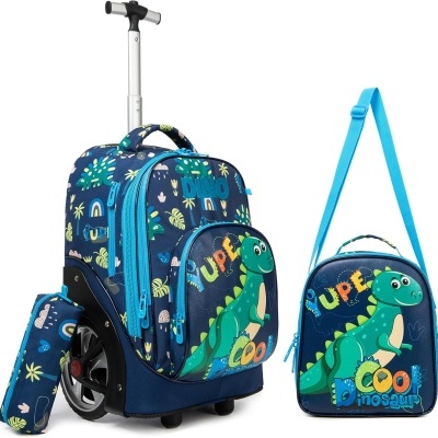 Mochila escolar com carrinho, estojo e lancheira azul com dinossauro verde e textos coloridos