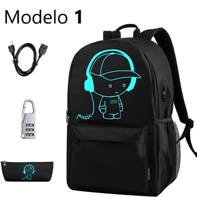 Mochila preta com desenho azul de criança e acessórios