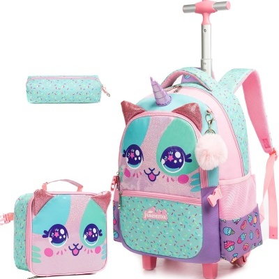 Mala de rodas infantil com design de unicórnio, mochila e estojo coloridos