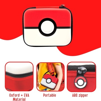 Mala portátil vermelha e branca com padrão de Pokébola e fecho em destaque