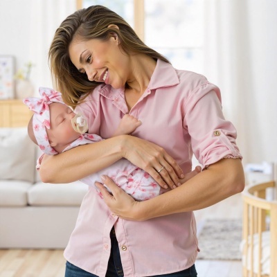 Mulher segurando bebé vestido de branco com padrão floral rosa e chupeta numa divisão com sofá e berço.