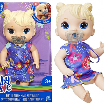 Boneca Baby Alive com vestido azul e chupeta em embalagem roxa