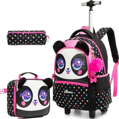 Conjunto escolar panda com mochila de rodinhas, lancheira e estojo com bolinhas coloridas