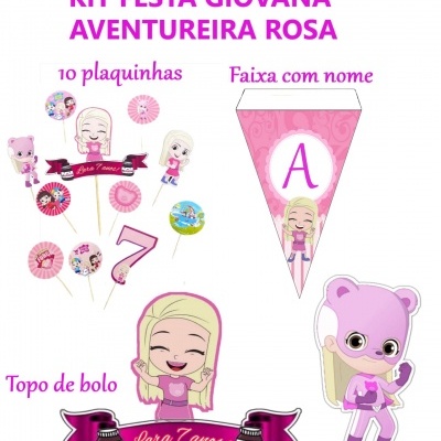 Kit festa jovem aventureira rosa com plaquinhas, faixa personalizada, topo de bolo e personagem de urso rosa