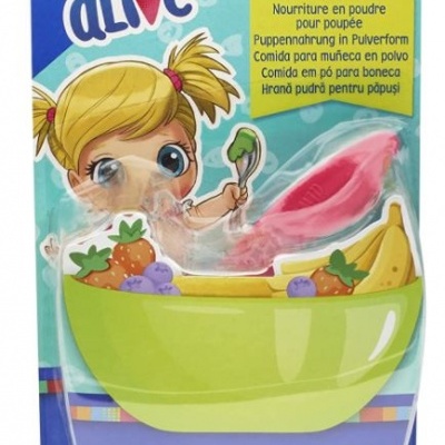 Comida em pó para bonecas Baby Alive, tigela verde com frutas e colher rosa em embalagem