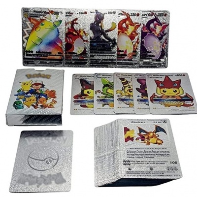 Cartas Pokémon holográficas com caixa prateada e personagens vibrantes