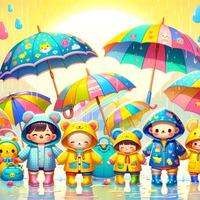 Crianças com roupas impermeáveis e guarda-chuvas coloridos sob chuva