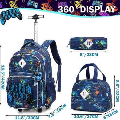 Conjunto escolar mochila trolley com padrão de videojogos, estojo e bolsa térmica azul escura.