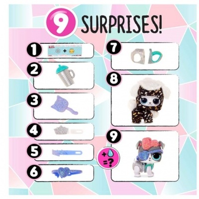 Imagem com nove surpresas numeradas e ilustradas de brinquedos e acessórios coloridos.