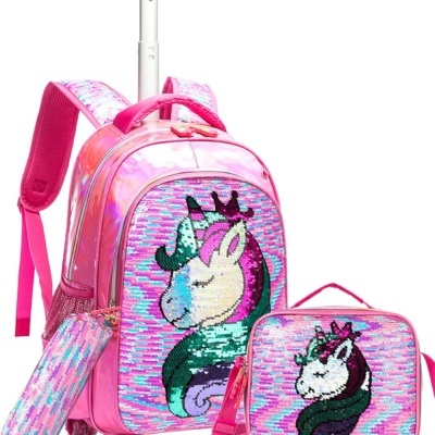 Conjunto escolar rosa com mochila com rodas, estojo e lancheira com imagem de unicórnio em lantejoulas