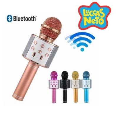 Microfone Bluetooth em várias cores metálicas com ícones Bluetooth e Wi-Fi e logotipo LUCCAS NETO