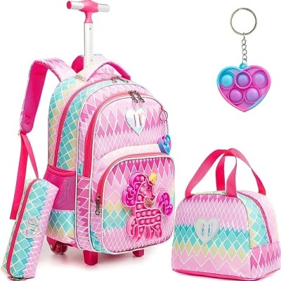 Mochila trolley infantil rosa com padrão geométrico, saco de mão e chaveiro pop it coração