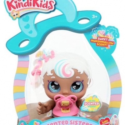 Boneca Kindikids Mini Mello com chupeta rosa em embalagem colorida com texto